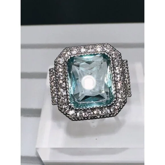 Aquamarine Cubic Zirconia & White Crystal Statement Ring - Picture 3 of 16